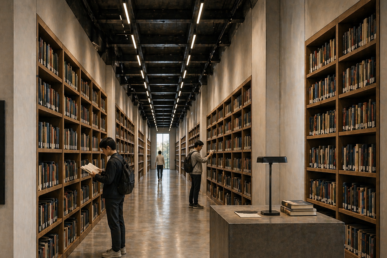 Students browsing books in a modern library with tall wooden shelves on either side, a single table with books and a lamp in the foreground, and a large window at the end of the aisle.