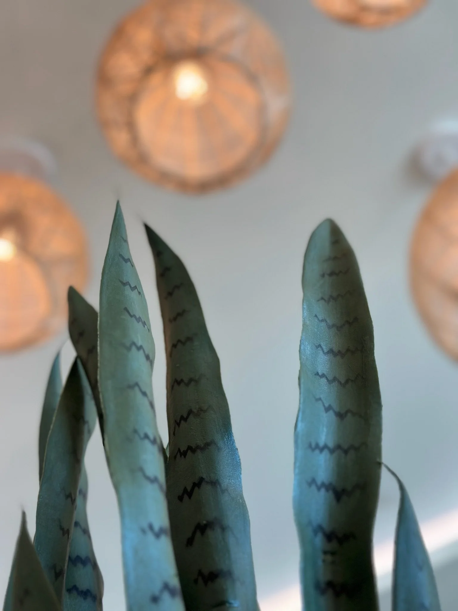 Close-up of green cactus-shaped objects with black zigzag patterns and orange spherical hanging objects, viewed from below against a gray background.