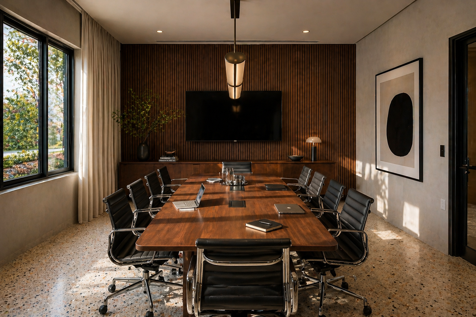 Modern conference room with a large wooden table, black leather chairs, a wall-mounted TV, a large window with curtains, and minimalistic decor.