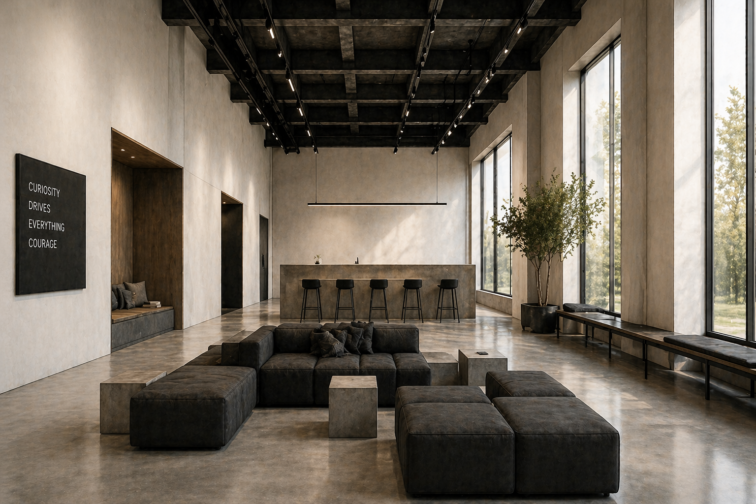 Modern minimalist lobby with dark leather couches, large windows, a high ceiling with exposed beams, and a reception desk with bar stools.