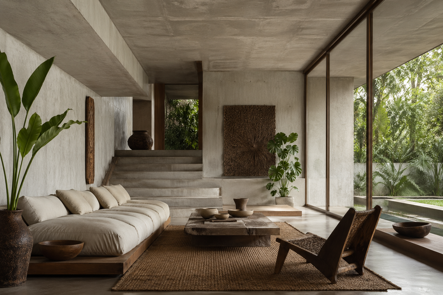 Modern living room with concrete walls and ceiling, large glass windows, beige sofa, wooden chair, plants, abstract wall art, and a stone coffee table on a jute rug.