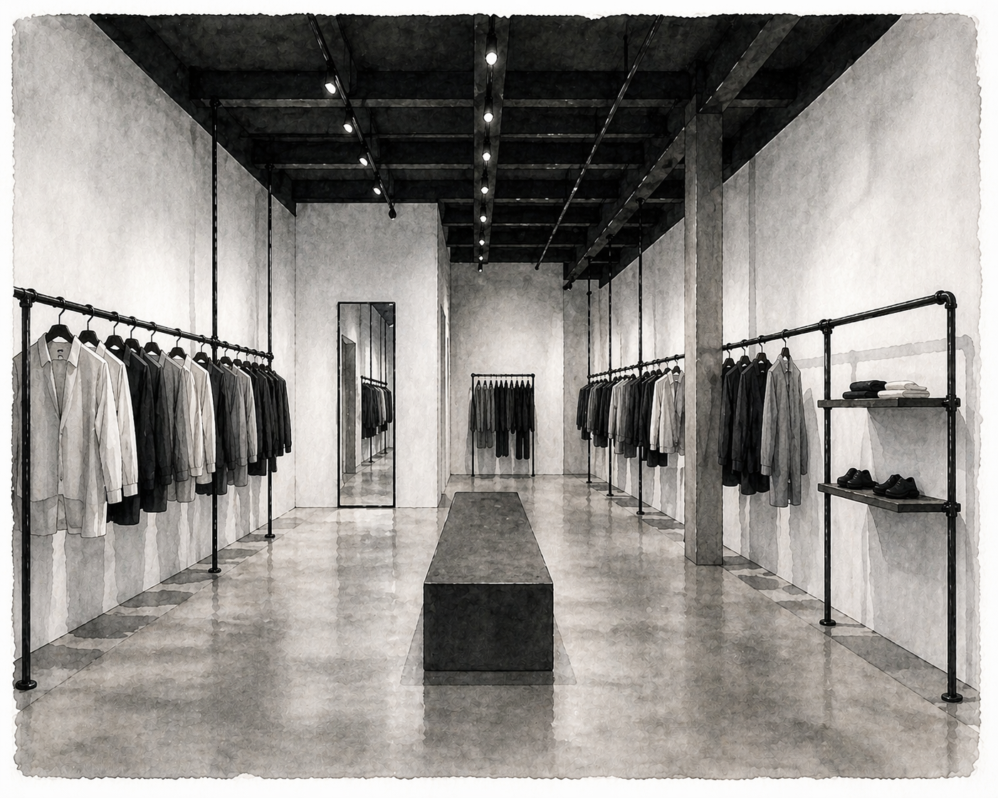 A black-and-white watercolor depiction of a clothing store interior with racks of white and dark garments on either side, a table in the center, and a mirror reflecting part of the store.
