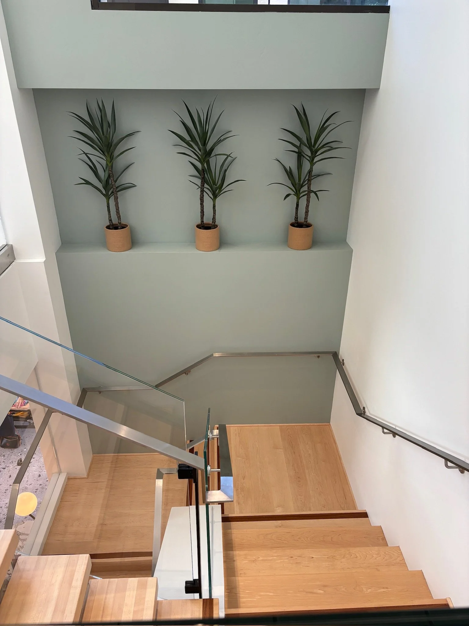 A modern stairwell with wooden stairs, metal railings, white walls, and a glass railing area overlooking a lower level. Potted plants are displayed on the upper level.