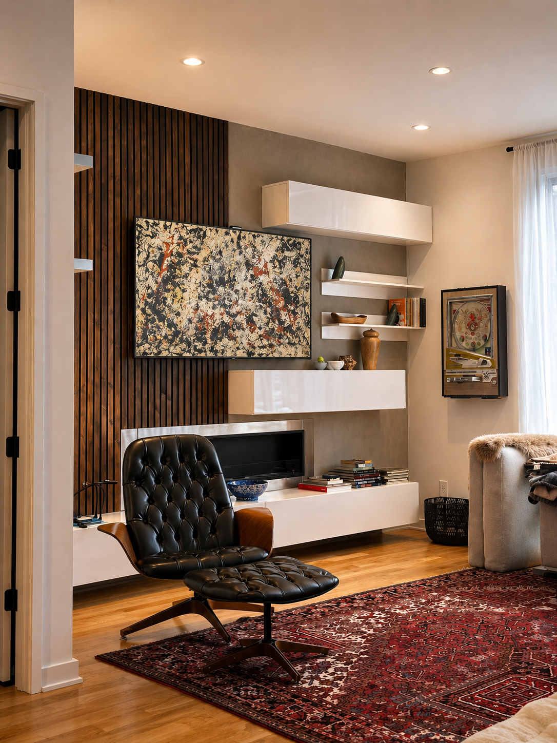 Modern living room with a black leather lounge chair, white wall-mounted shelves, colorful abstract artwork, and a decorative rug.