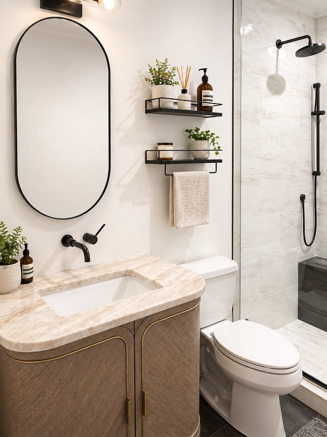 Modern bathroom with a beige marble countertop vanity, black faucet, oval mirror, wall-mounted shelves with plants and toiletries, white toilet, and a walk-in shower with black fixtures and marble tiles.