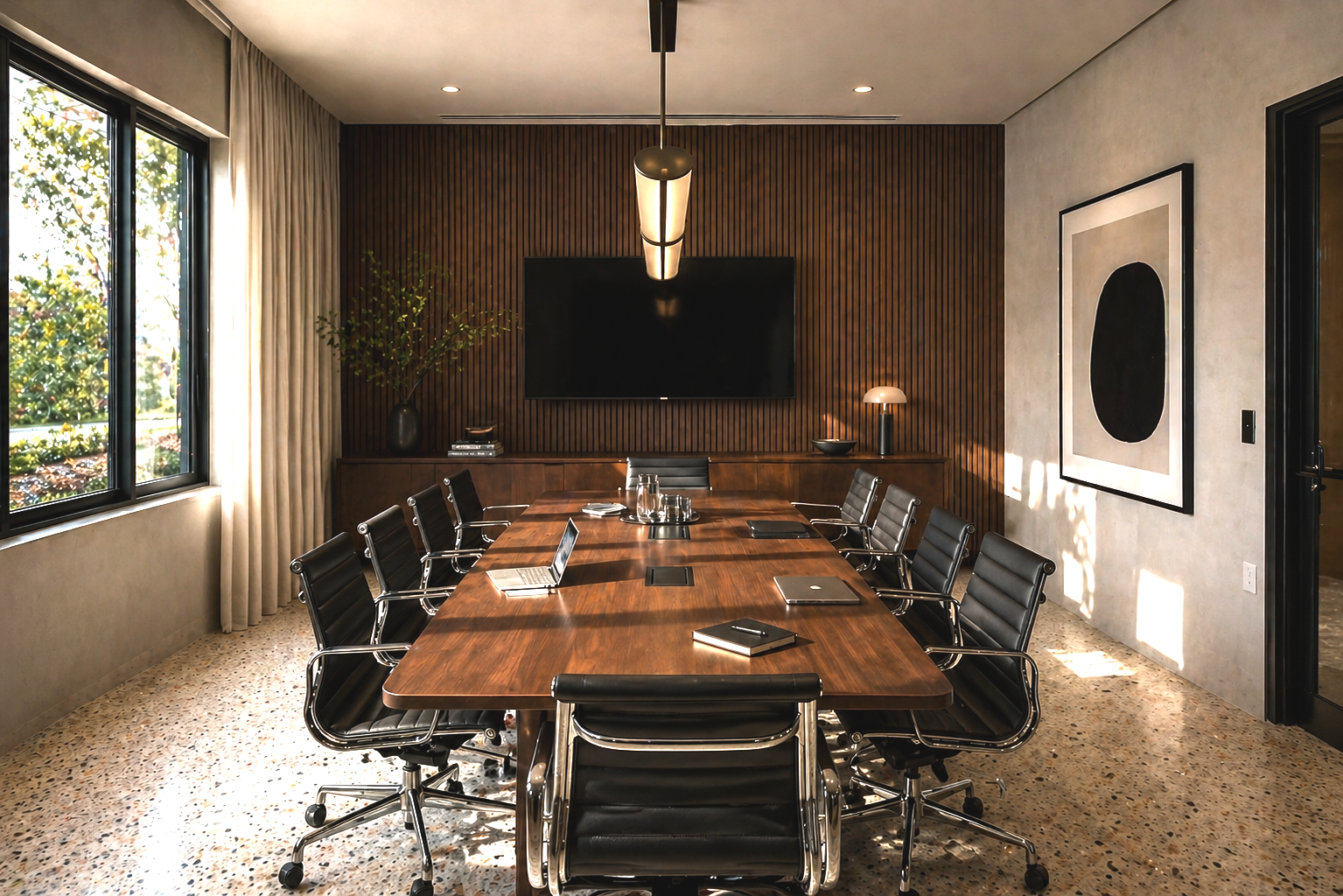 Empty modern conference room with a long wooden table surrounded by black leather chairs, large window with curtains, wall art, and a large TV screen on a wooden-paneled wall.
