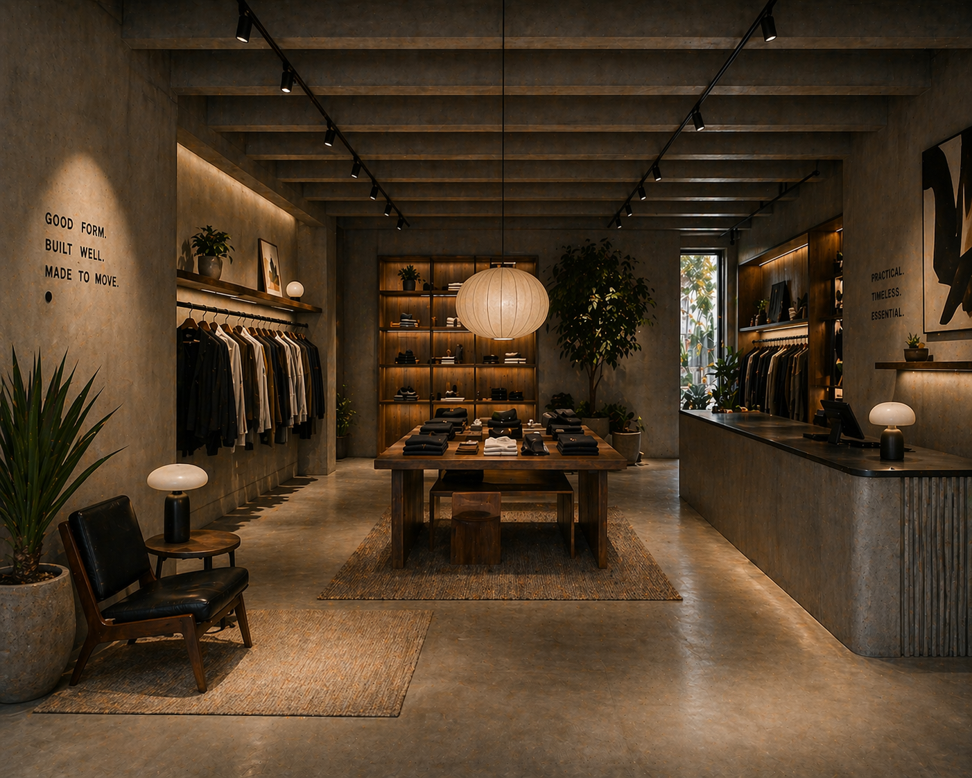 Interior of a clothing store with wooden shelves and tables displaying folded clothes, with wall-mounted clothing racks, plants, a large central paper lantern, and warm lighting.