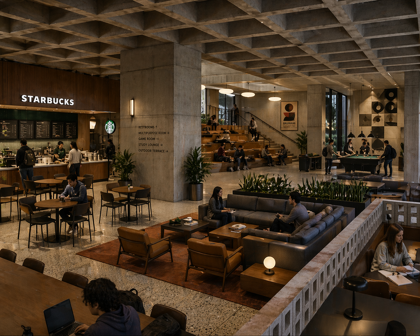 Interior of a modern coffee shop and lounge with seating, a Starbucks counter, and people working, socializing, and playing pool in a spacious, stylish area with concrete walls and plants.