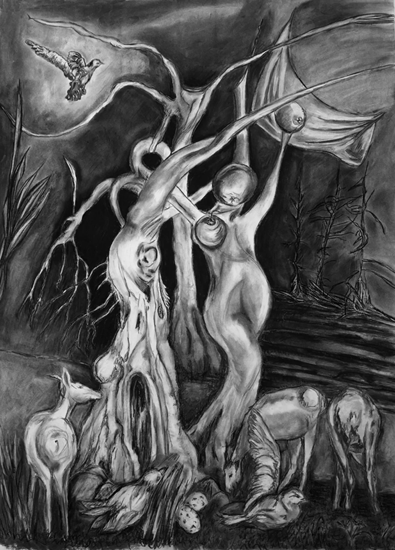 'Entwined ' 94 x 71 cm framed, charcoal on paper