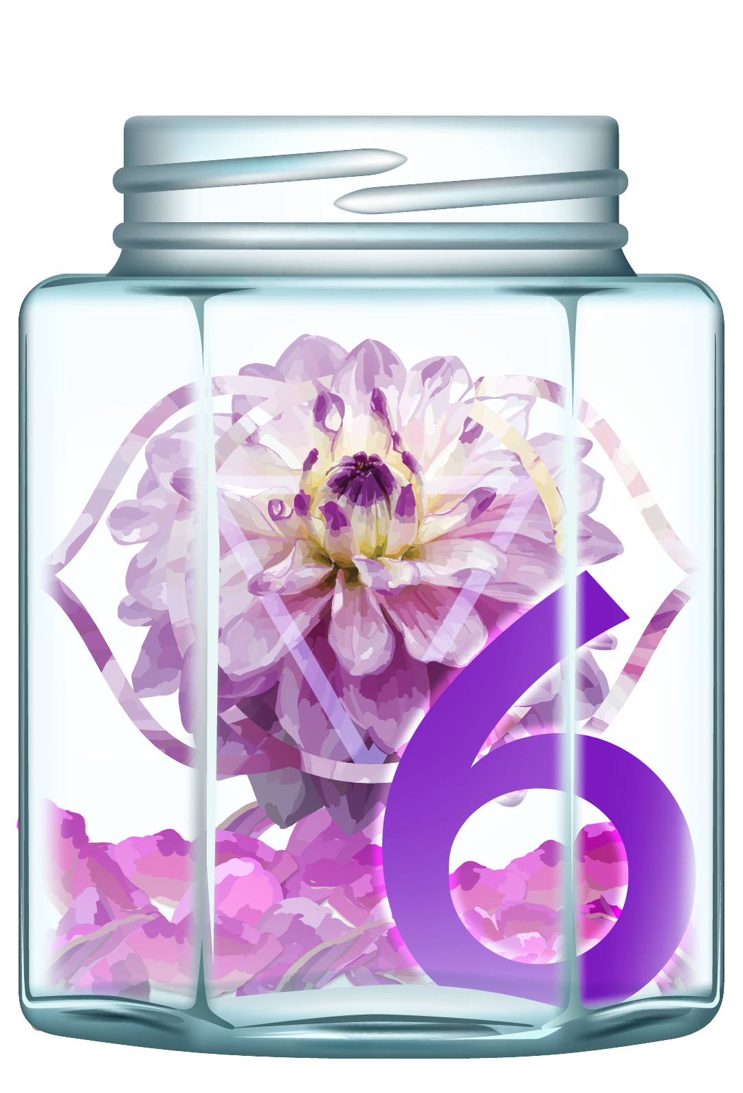 Jar 6: Glass jar filled with purple flower petals, the Third Eye Chakra symbol, and the number 6 in purple.
