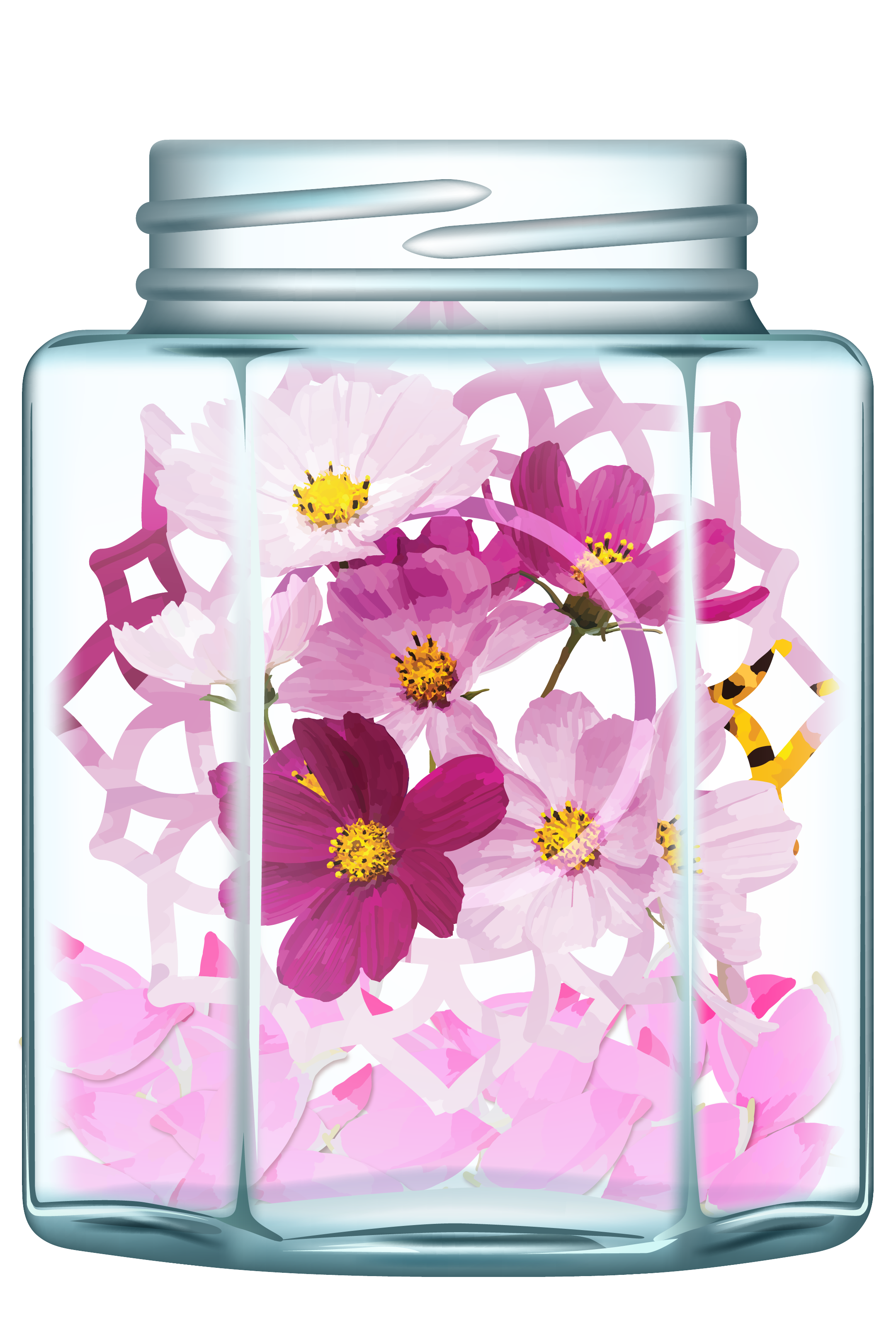 pink flower petals in a clear jar with a pink flower and crown chakra symbol