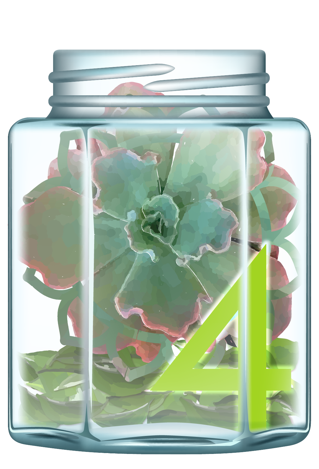 Jar 4: Glass jar filled with green succulents and petals, the Heart Chakra symbol, and the number 4 in green.