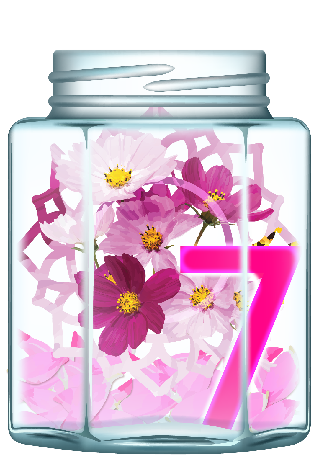 Jar 7: Glass jar filled with pink and magenta flower petals, the Crown Chakra symbol, and the number 7 in pink.