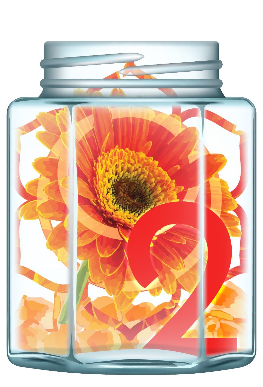 Jar 2: Glass jar filled with orange gerbera petals, the Sacral Chakra symbol, and the number 2 in red-orange.
