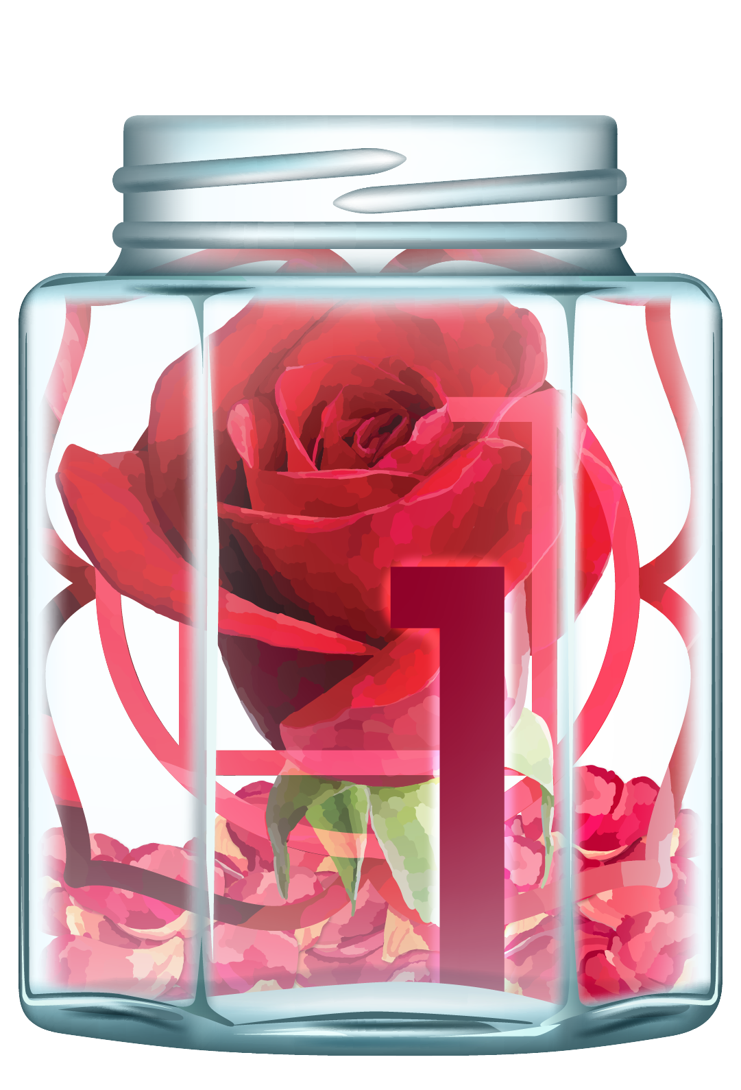Jar 1: Glass jar filled with red rose petals, the Root Chakra symbol, and the number 1 in red.