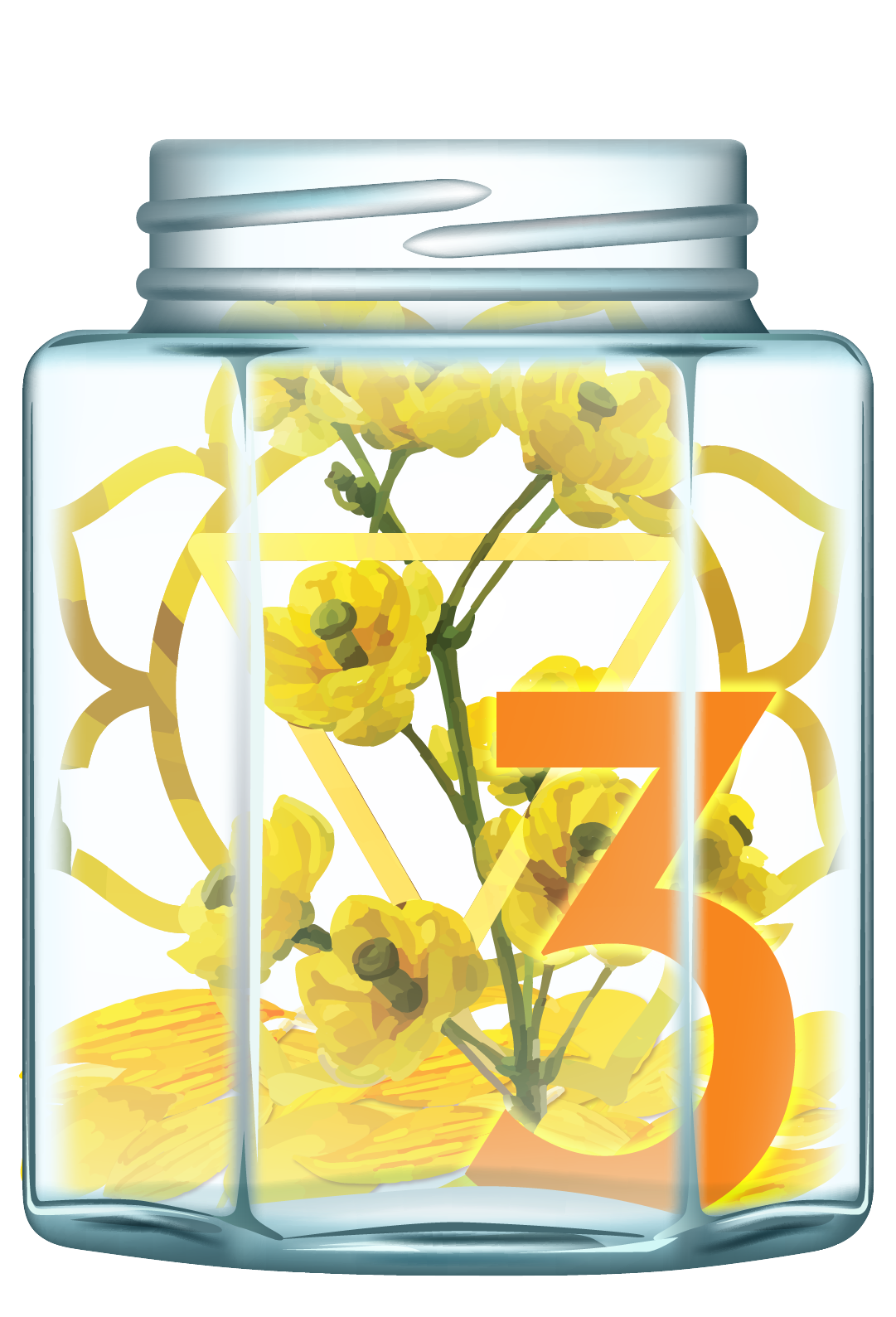 Jar 3: Glass jar filled with yellow flower petals, the Solar Plexus Chakra symbol, and the number 3 in yellow-orange.