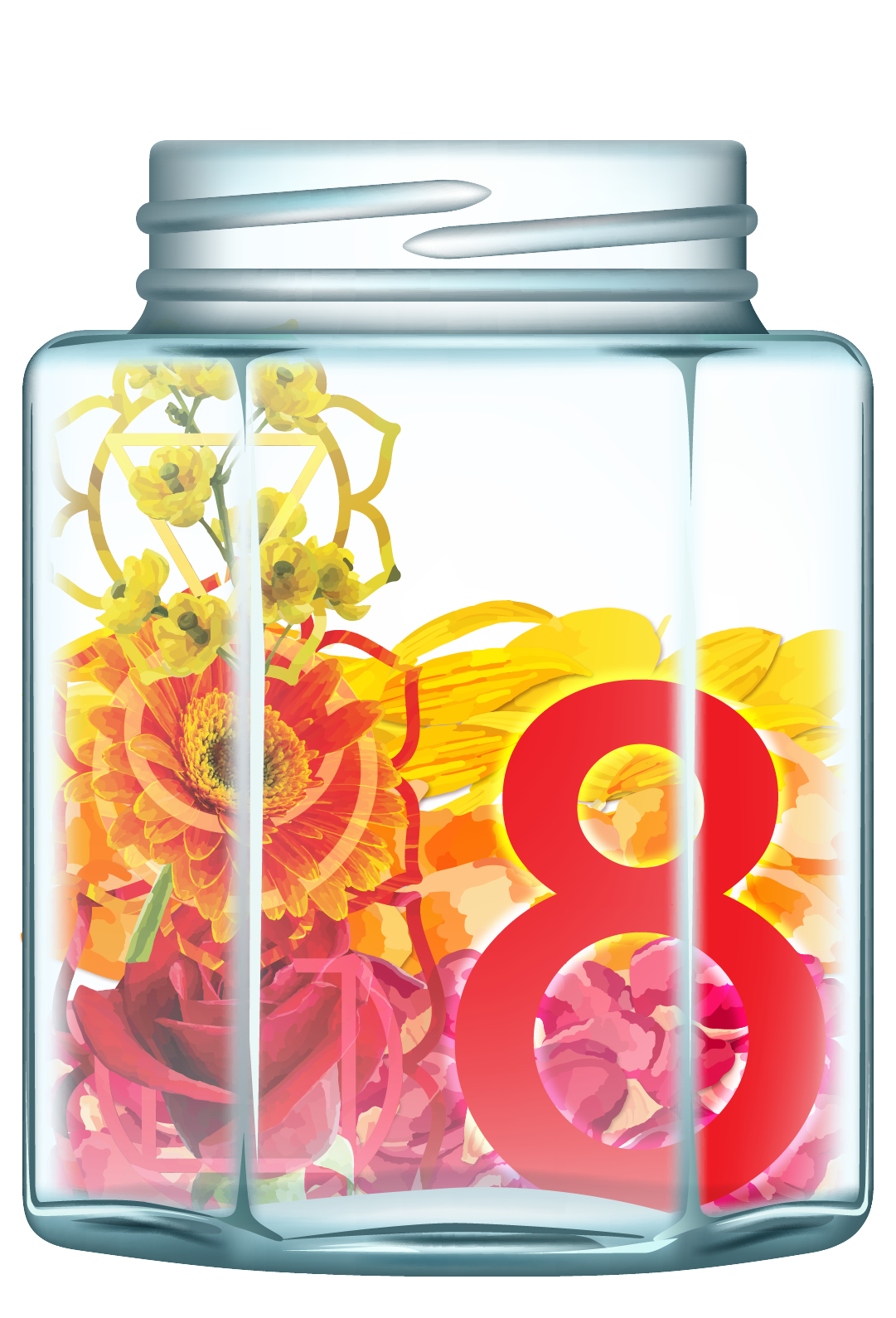 Jar 8: Glass jar filled with a blend of red, orange, and yellow petals representing the lower chakras, with the number 8 in red.