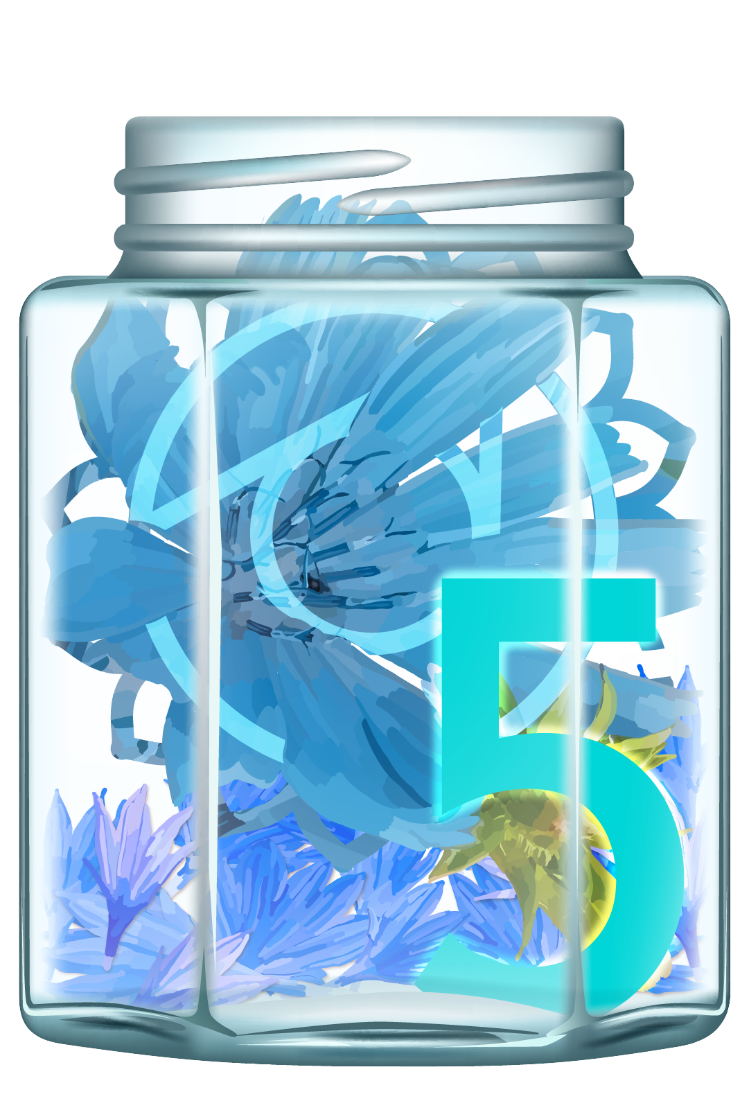 Jar 5: Glass jar filled with blue cornflower petals, the Throat Chakra symbol, and the number 5 in light blue.
