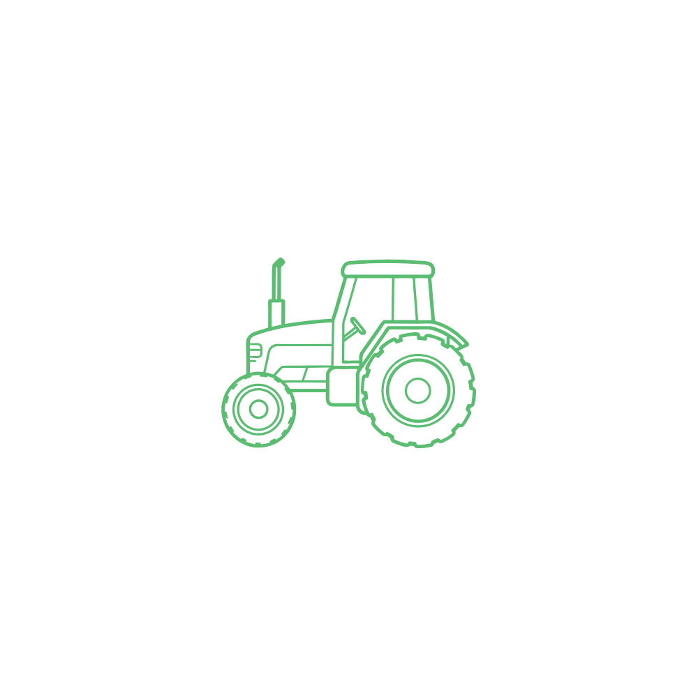 Green outline drawing of a tractor on a white background.
