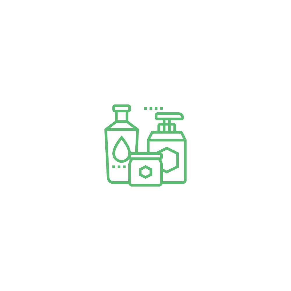 Outline icon of skincare products including a bottle, a pump dispenser, and a jar, all in green on a white background.