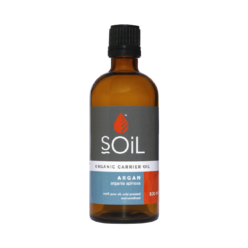Amber glass bottle of SOiL Organic Argan Carrier Oil with black cap. 100ml size.