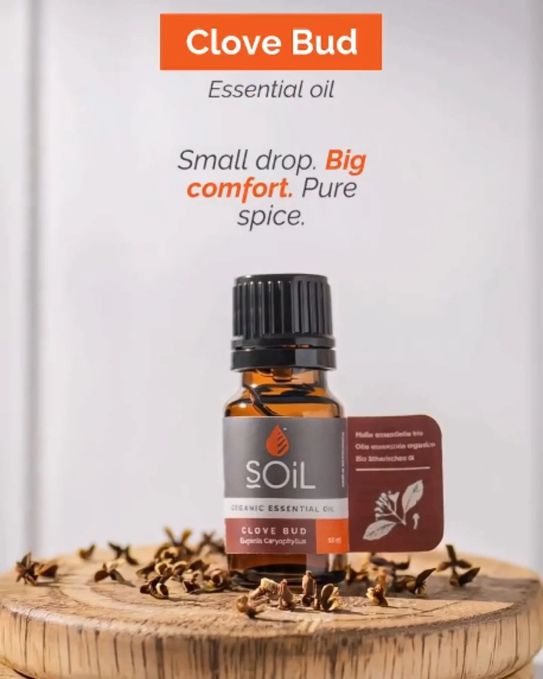 Warm. Spicy. Comforting.

Our Clove Bud Essential Oil is the scent of South African warmth &mdash; bold, grounding, and naturally powerful.

Perfect for diffusing cosy calm into your space, easing seasonal tension, or adding a comforting note to your