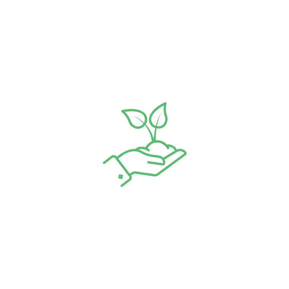 Outline illustration of a hand holding soil with a small plant growing out of it, symbolising environmental care.