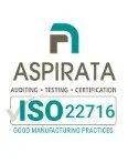 A logo for Aspirata with text indicating auditing, testing, certification, and ISO 22716 for good manufacturing practices.
