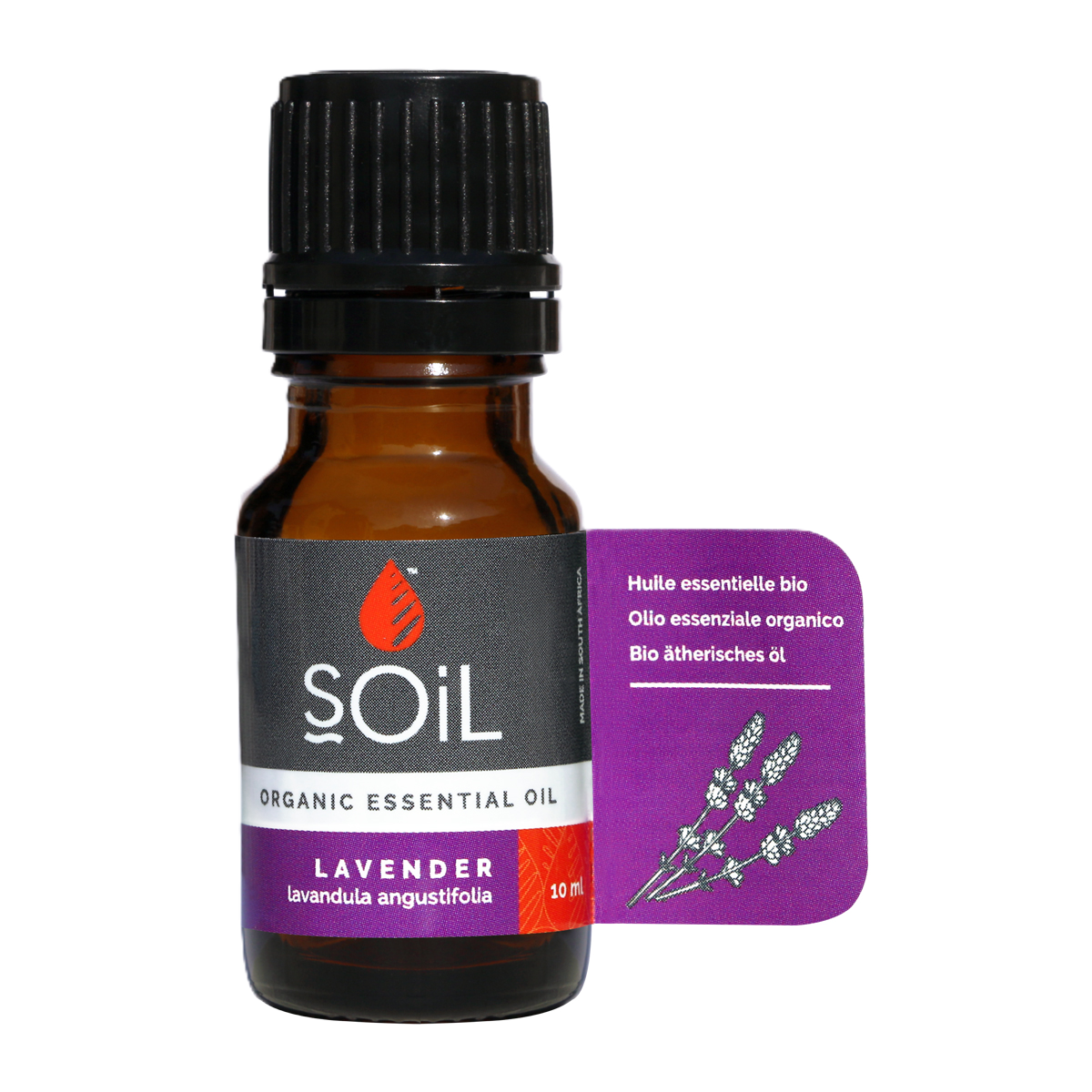 Brown glass bottle of SOiL Organic Lavender Essential Oil black cap and purple label.