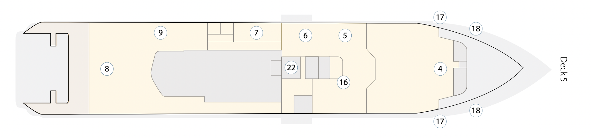   [第五層]  (17, 18) 觀景平台｜(4) 講座室及休息區｜(5) 集合站｜(6) 前台｜(16) 酒吧｜(22) 電梯 (7) 紀念品店｜(9) 私人包廂用餐區｜(8) 用餐區 