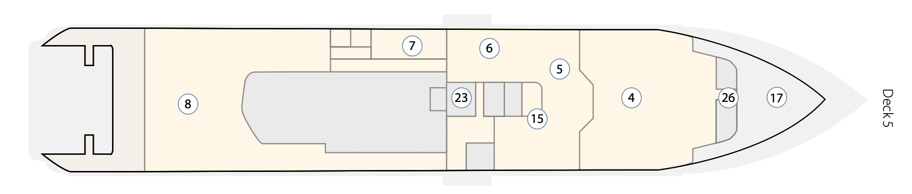   [第五層]  (17) 中庭休息區｜(26) 公民科學中心｜(4) 演講室及休息區｜(5) 集合站｜(15) 酒吧｜(6) 前台 (23) 電梯｜(7) 紀念品店｜(8) 用餐區 
