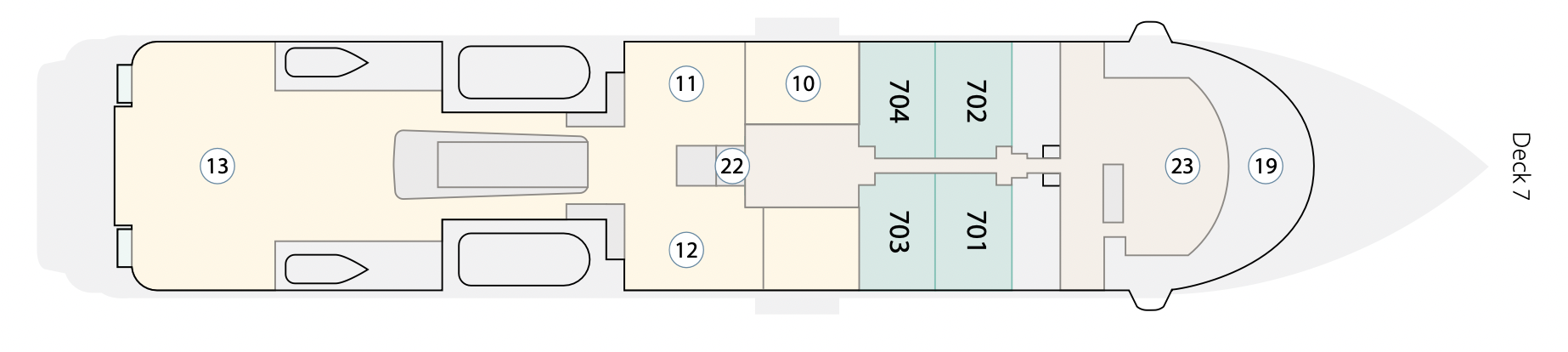   [第七層]  (19) 觀景平台｜(23) 船長室   (701 - 704) Junior Suite 精緻套房 (10) 圖書室｜(11) 健身房｜(12) 桑拿｜(22) 電梯｜(13) 陽光甲板 