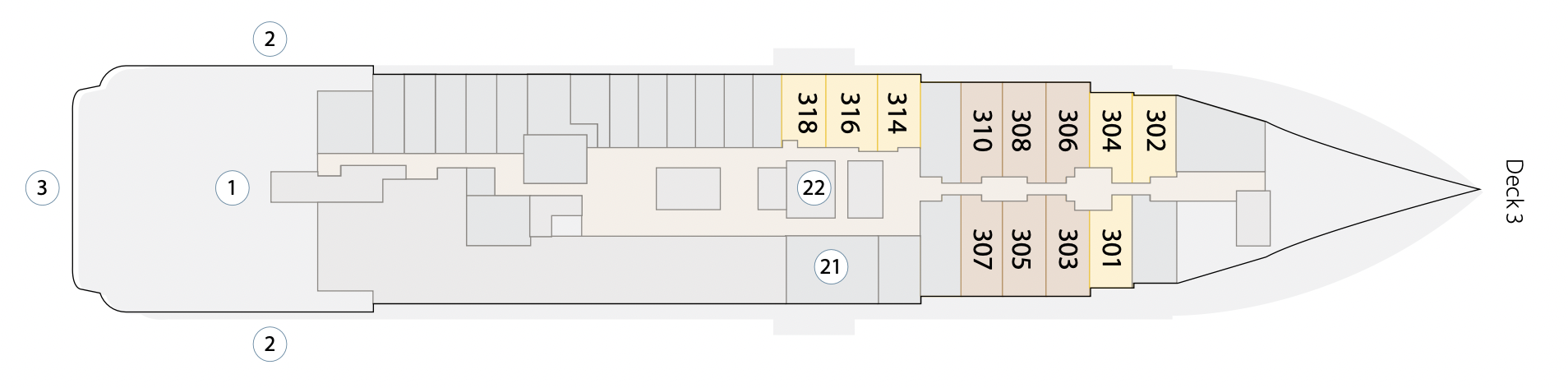   [第三層]  (303, 305, 306 - 308, 310) Aurora Stateroom Triple 三人艙房 (301 - 302, 304, 314, 316, 318) Aurora Stateroom Twin 雙人艙房 (1) 登陸著裝區｜(2) 橡皮艇搭乘區｜(3) 額外付費活動平台｜(21) 醫務室｜(22) 電梯 