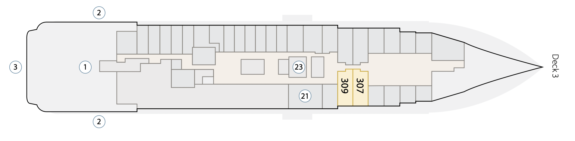   [第三層]  (307, 309) Aurora Stateroom Triple 三人艙房 (21) 醫務室｜(23) 電梯｜(1) 登陸準備區｜(2) 橡皮艇搭乘區｜(3) 額外付費活動平台 