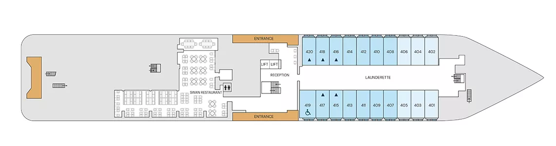   [第四層]  天鵝餐廳｜前台｜洗衣間 海景艙房 (Oceanview Stateroom, D4 / M4) 