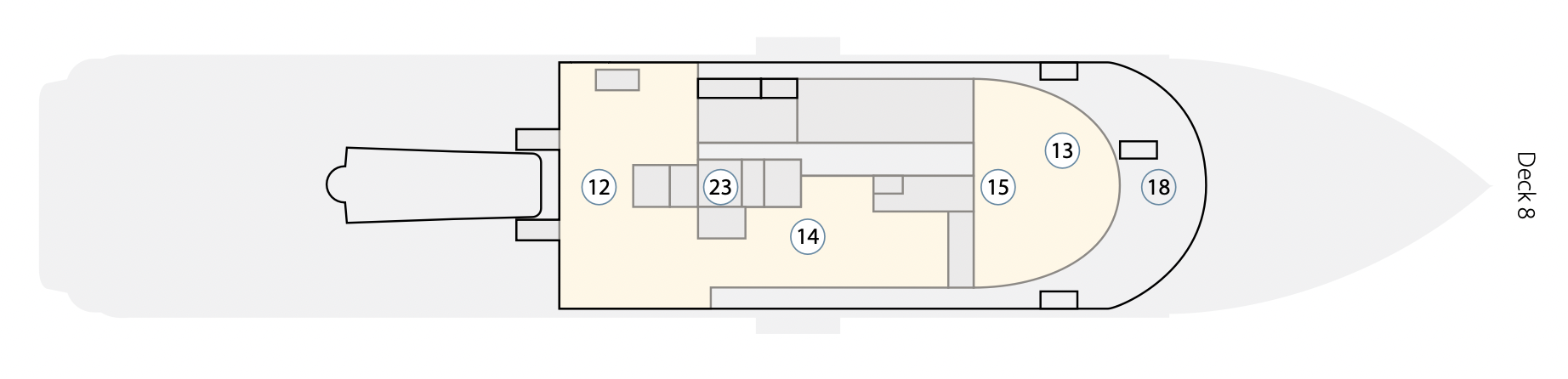   [第八層]  (18) 觀景甲板｜(13) 觀景休息區｜(15) 酒吧｜(14) 頂層甲板餐廳｜(23) 電梯｜(12) 座位區 