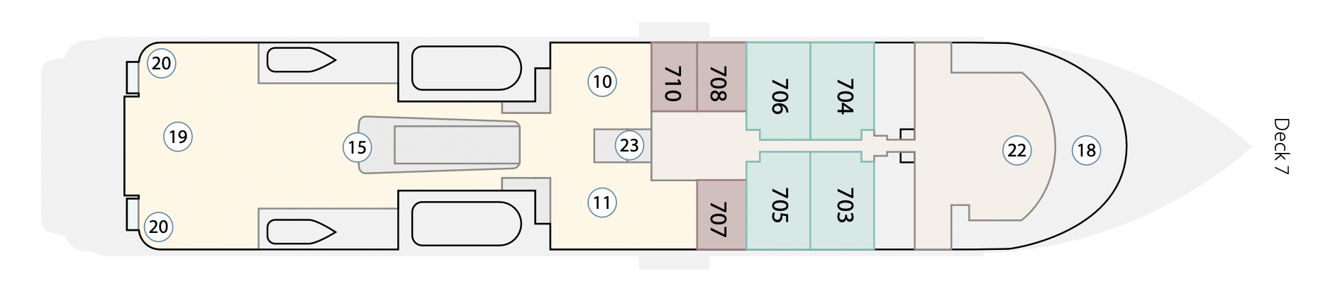   [第七層]  (18) 觀景平台｜(22) 船長室   (703 - 706) Junior Suite 精緻套房 (707 - 708, 710) Aurora Stateroom Superior 高級艙房 (10) 健身房｜(11) 桑拿｜(23) 電梯｜(15) 酒吧｜(19) 泳池及陽光甲板｜(20) 按摩浴缸 