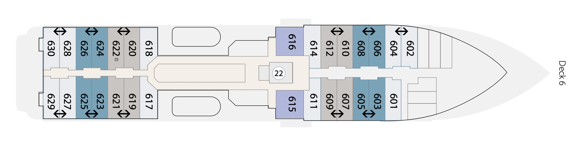   [第六層]  (601 - 602, 604, 611, 614, 617 - 618, 627 - 630) Balcony Stateroom Category C 陽台艙房C (603, 605, 606, 608, 623 - 626) Balcony Stateroom Category B 陽台艙房B (607, 609 - 610, 612, 619 - 622) Balcony Stateroom Category A 陽台艙房A (615 - 616) Balcony Stateroom Superior 高級陽台艙房 