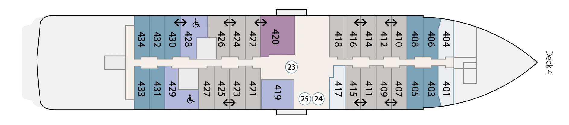   [第四層]  (401, 404) Balcony Stateroom Category C 陽台艙房C (403, 405, 406, 408, 430 - 434) Balcony Stateroom Category B 陽台艙房B (407, 409, 410 - 412, 414 - 416, 418, 421 - 427) Balcony Stateroom Category A 陽台艙房A (419, 428 - 429) Balcony Stateroom Superior 高級陽台艙房 (420) Captain’s Suite 船長套房 