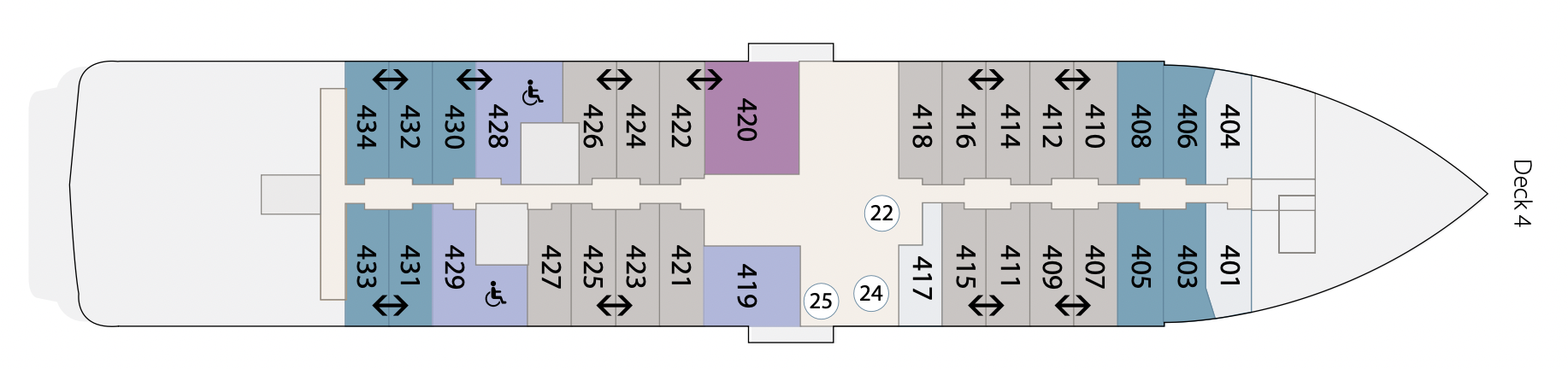   [第四層]  (401, 404) Balcony Stateroom Category C 陽台艙房C (403, 405, 406, 408, 430 - 434) Balcony Stateroom Category B 陽台艙房B (407, 409, 410 - 412, 414 - 416, 418, 421 - 427) Balcony Stateroom Category A 陽台艙房A (419, 428 - 429) Balcony Stateroom Superior 高級陽台艙房 (420) Captain’s Suite 船長套房 