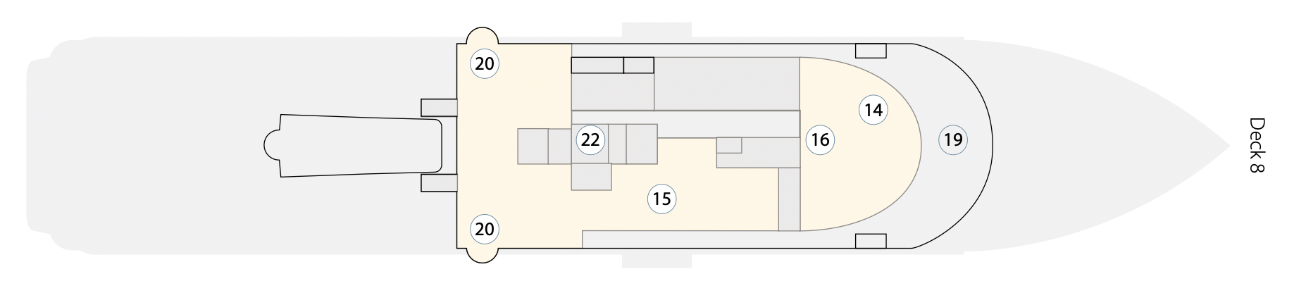   [第八層]  (19) 觀景甲板｜(14) 觀景休息區｜(16) 酒吧｜(15) 頂層甲板｜(22) 電梯｜(20) 按摩浴缸 