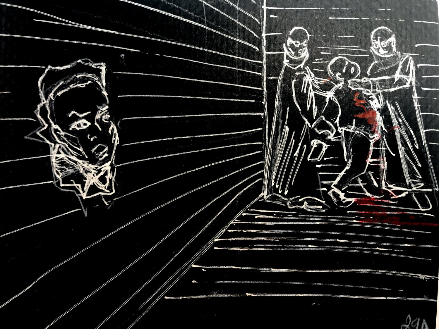 WHITE witnesses the violence the Strangers are capable of. He witnesses the murder of Fredrick.