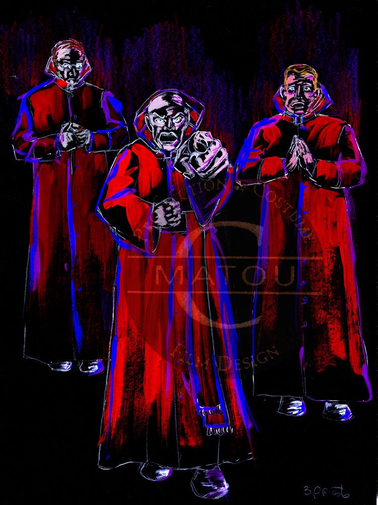In their red cloak, they look more like high magistrates in a witch hunt rather than priests.