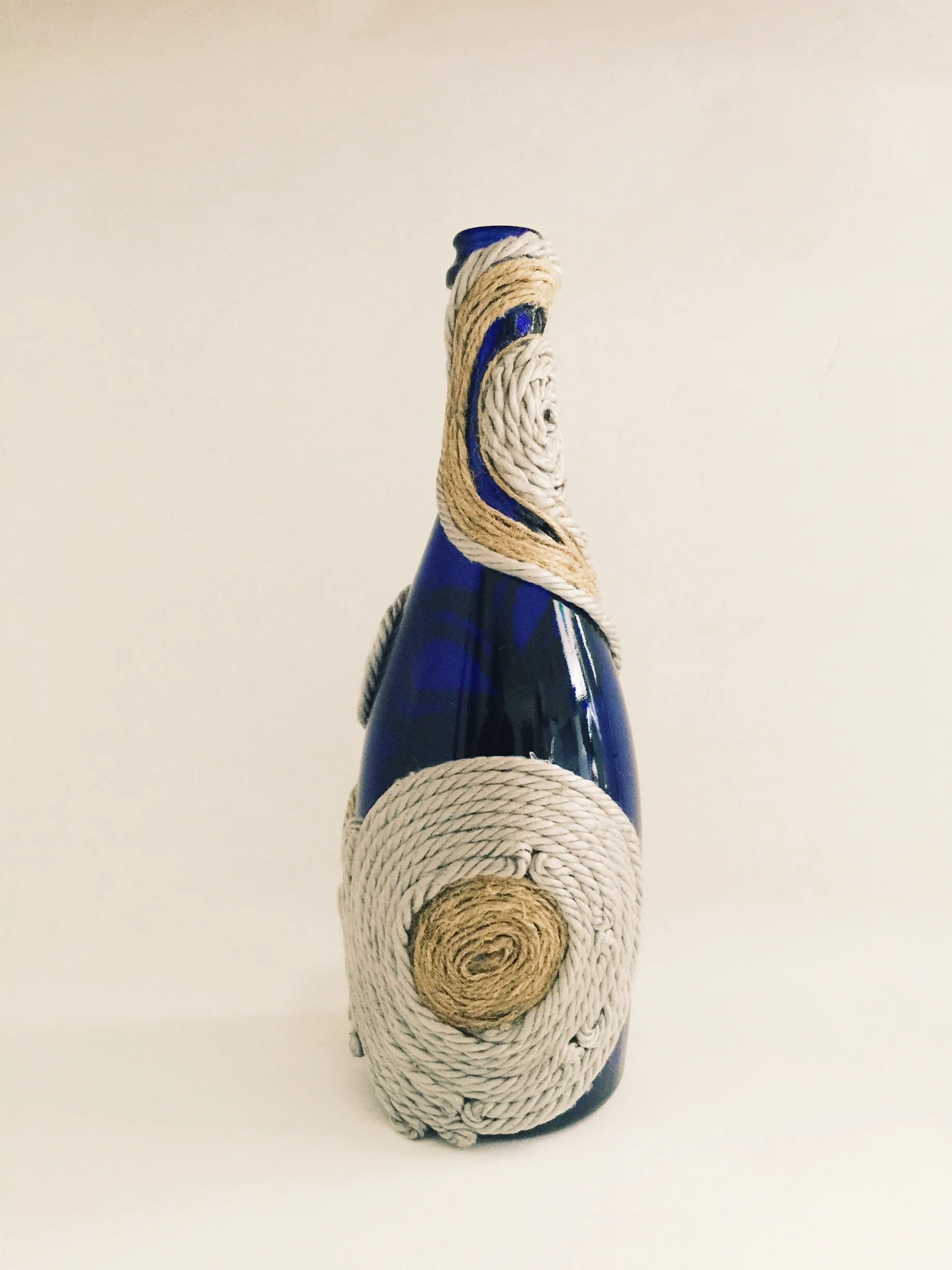 Sold Blue Bottle Wrapped with Gray Yarn & Twine