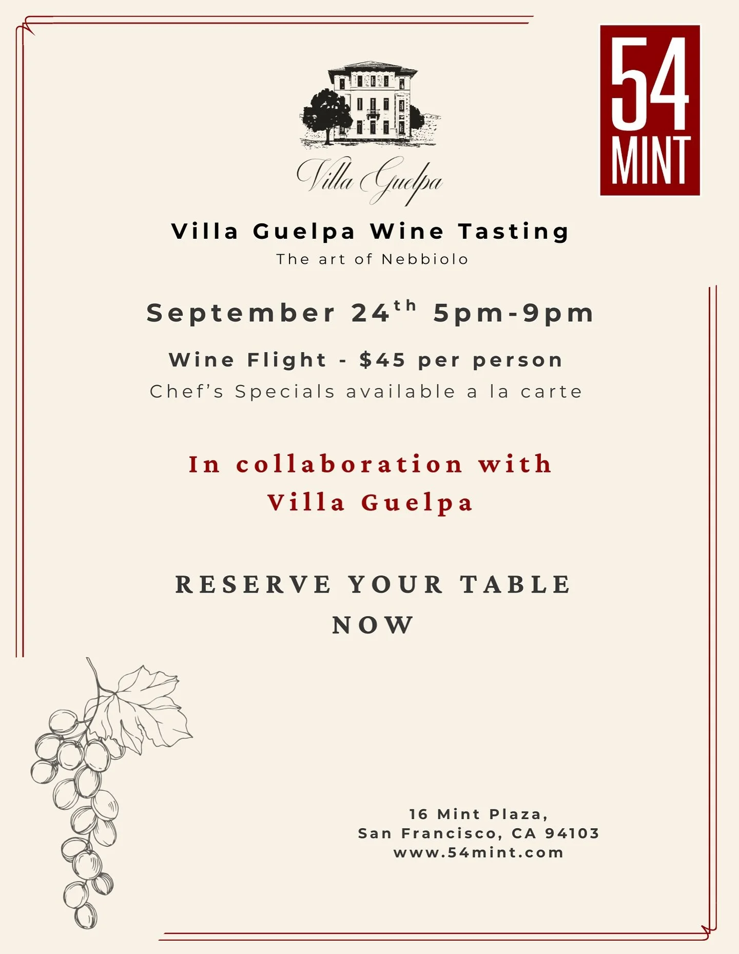 An evening dedicated to the art of Nebbiolo 🍷✨
Join us for a special Villa Guelpa Wine Tasting at 54 Mint on September 24th, 5–9 PM.
Wine flight: $45 per person | Chef’s specials available à la carte.
Reserve your table now—