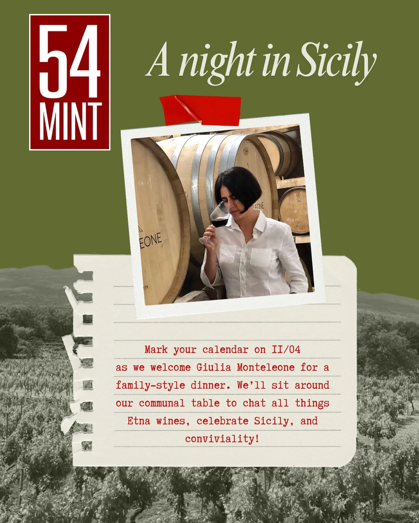 For our “meet the producer” series, we’ll set the communal table and welcome the beloved Giulia Monteleone from the fascinating slopes of Mount Aetna. 
Our kitchen has crafted a menu focused on Sicilian traditional dishes, while th