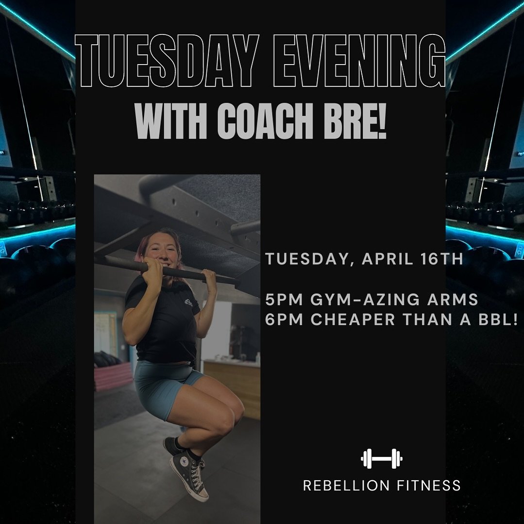 🌟Join us Tuesday, April 16th as @fitwithbre33 is stepping in for @chriscalles_ this Tuesday evening at 5pm and 6pm only!

💪 Get ready for an awesome workout with Bree&rsquo;s killer moves. 

See you there! 🏃&zwj;♀️🏃

DM us the word &ldquo;Rebel&r