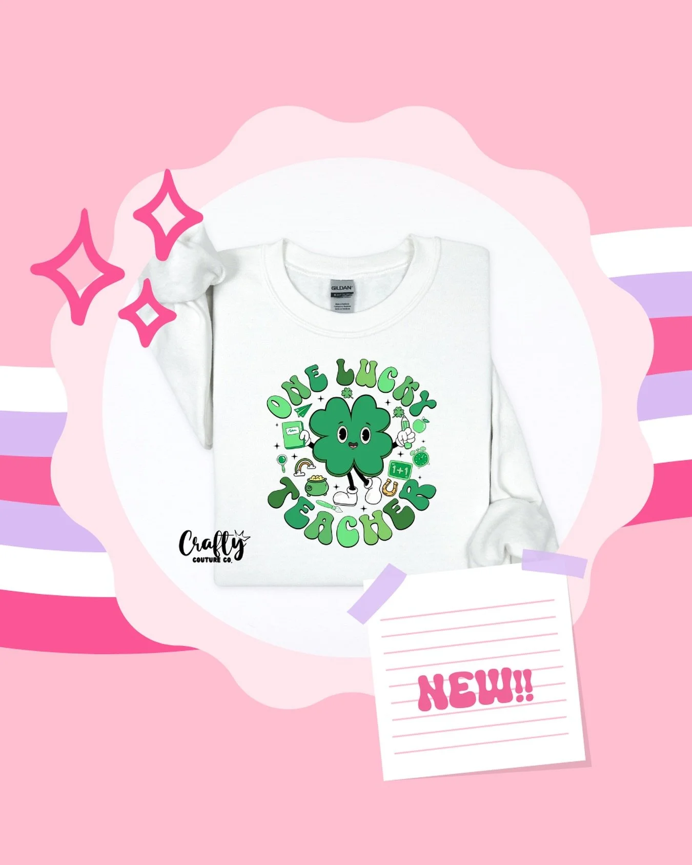 🍀 ONE LUCKY TEACHER 🍀
Because great teachers deserve a little extra luck ✨
Cozy, cute, and classroom-approved&mdash;this crewneck is perfect for school days, casual Fridays, and everything in between. Made to order with a soft feel and a vibrant DT