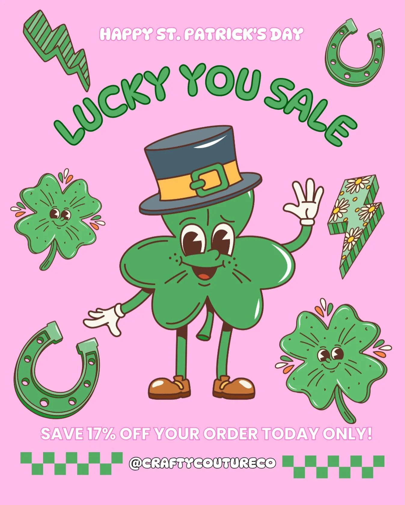 🍀 LUCKY YOU SALE IS HERE! 🍀

Feeling lucky? Today only take 17% OFF your entire order at Crafty Couture Co!

Stock up on your favorites:
✨ Hand-poured soy candles
✨ Wax melts &amp; car diffusers
✨ Bath &amp; body treats
✨ Apparel &amp; gifts

But d