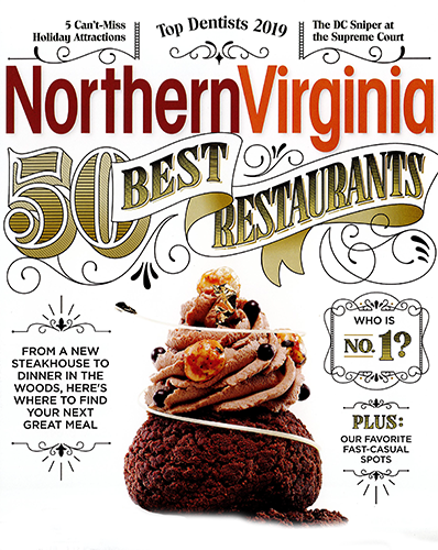 Cover of Northern Virginia magazine highlighting 50 best restaurants, featuring a dessert with ice cream, caramel, and chocolate on a brownie, with decorative text and headlines.